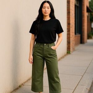 Everlane Women's Size 4 High Rise Wide Leg Crop Pants Olive Green Contemporary